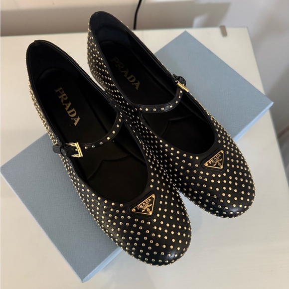 Prada Shoes - Prada Black Studded Mary Jane Flats with Gold Accents